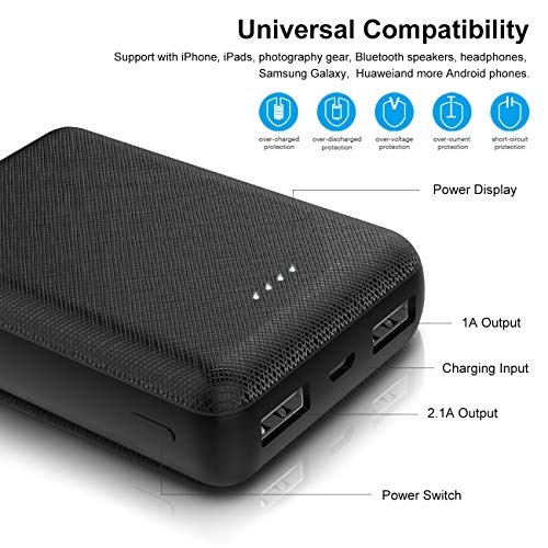 POSUGEAR PowerBank 10000mAh, Bateria Externa Movil, Cargador Portatil Mini, con 2 USB Salidas 5V (2.1A + 1A), Compatible con iPhone, Samsung, Huawei, iPad, etc. (Negro)