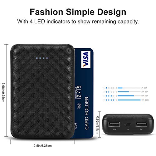 POSUGEAR PowerBank 10000mAh, Bateria Externa Movil, Cargador Portatil Mini, con 2 USB Salidas 5V (2.1A + 1A), Compatible con iPhone, Samsung, Huawei, iPad, etc. (Negro)