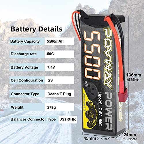 POVWAY 2S Lipo batería 7,4 V batería 50C 5500 mAh Lipo RC batería T Plug Hardcase batería para RC Coche camión Barco avión Tiro