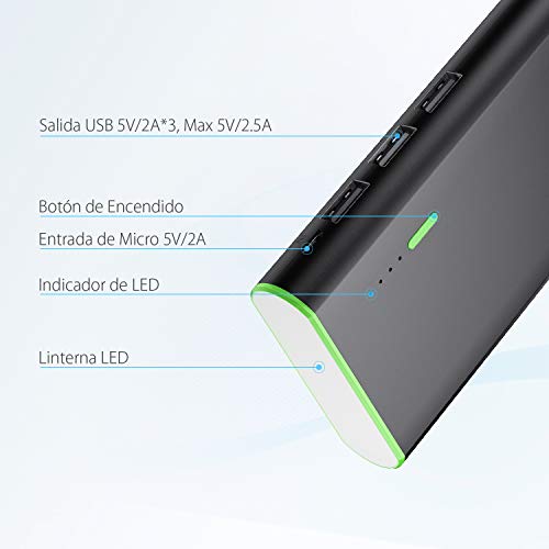 Power Bank 10000mAh con Linterna, 3 USB Salidas, Más 2.5A, Batería Externa Cargador Movil Portátil Compatible con Samsung Xiaomi Móviles Inteligentes y Tableta más -Negro