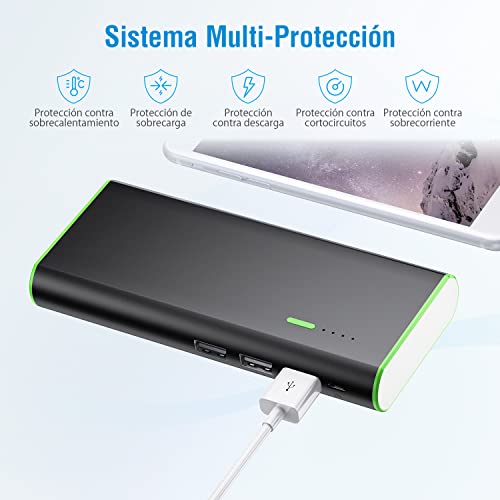 Power Bank 10000mAh con Linterna, 3 USB Salidas, Más 2.5A, Batería Externa Cargador Movil Portátil Compatible con Samsung Xiaomi Móviles Inteligentes y Tableta más -Negro