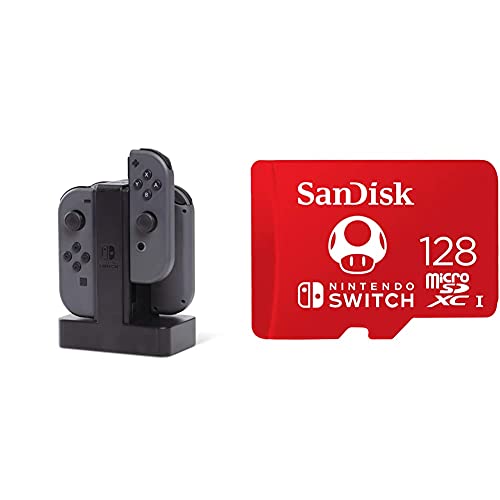 PowerA Estación de Carga Joy-con (Nintendo Switch) + SanDisk SanDisk microSDXC UHS-I Tarjeta para Nintendo Switch 128GB, Producto con Licencia de Nintendo