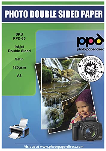 PPD Inkjet - A3 (297 x 420 mm) x 100 Hojas de Papel Fotográfico de Doble Cara Satinado 120 g/m² - Para Todas Impresoras de Inyección de Tinta - ¡Paquete Conveniencia! - PPD-65-100