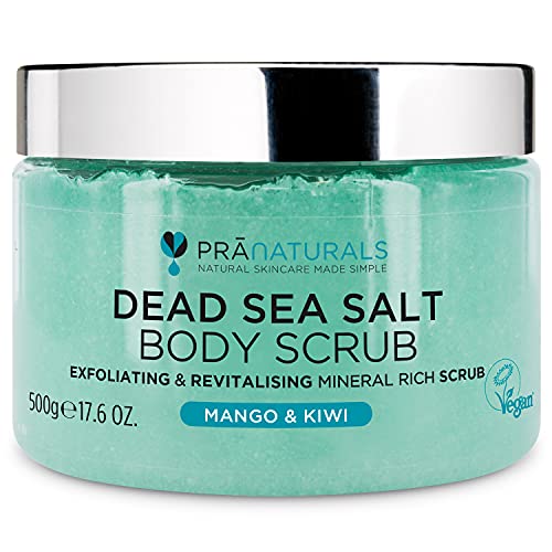 PraNaturals Exfoliante Corporal de Sal del Mar Muerto Mezclado con Aceites de Mango y Kiwi 500g 100% Body Scrub de Sales para Nutrir la Piel, Rico en Minerales Naturales para Todo Tipo de Piel