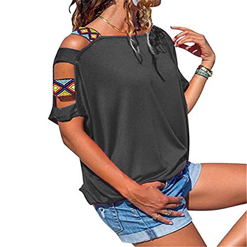 PRJN Camiseta de túnica para Mujer Cuello Redondo Verano Manga Corta Camiseta Hueca de Manga Corta con Hombros Descubiertos Camiseta Superior para Mujer Cuello Redondo Camisas de Manga Corta Huecas