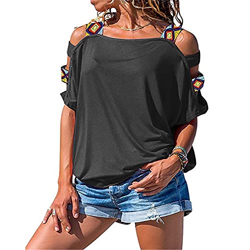 PRJN Camiseta de túnica para Mujer Cuello Redondo Verano Manga Corta Camiseta Hueca de Manga Corta con Hombros Descubiertos Camiseta Superior para Mujer Cuello Redondo Camisas de Manga Corta Huecas