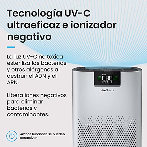 Pro Breeze Purificador de Aire Ultrapotente con Filtro HEPA. Con Ionizador y Luz Ultravioleta UV que captura Partículas, Alérgenos y Elimina olores. Para Casa y Habitaciones CADR 518 m³/h (140 m²)