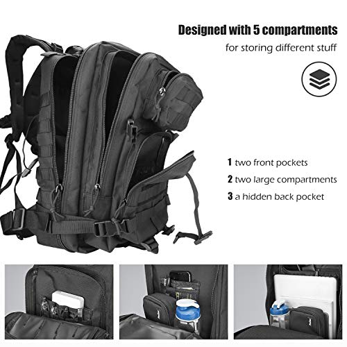 Procase Mochila Táctica Militar 35L, Paquete de Asalto MOLLE de Gran Capacidad para Utilidad Militar, Bolsa Caminata de 2 Días para Caza Senderismo Acampada y Actividad al Aire Libre –Negro