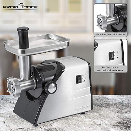 Proficook fw 1060 - picadora de carne, 3 discos, 1000 w, color negro y plateado