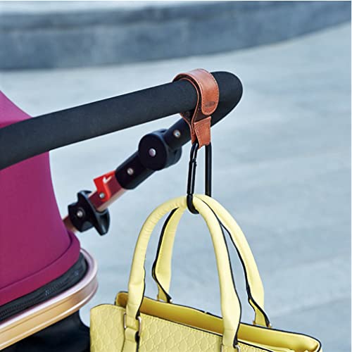 Prolyr Gancho aluminio silla paseo carrito bebé estilo piel - 2 pack, Cuelga bolsas, bolsos o mochilas, Ajuste universal e Instalación en segundos, Acabado estilo piel 3 opciones. (Marrón)