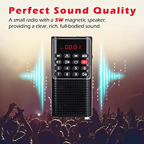 PRUNUS J-328 Radio Portatil Pequeña FM, Mini Radio de Bolsillo Digital con grabadora, Reproductor de música MP3 SD/TF/AUX, batería Recargable y Botones de Bloqueo para Correr, Caminar, Viajar.