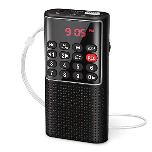 PRUNUS J-328 Radio Portatil Pequeña FM, Mini Radio de Bolsillo Digital con grabadora, Reproductor de música MP3 SD/TF/AUX, batería Recargable y Botones de Bloqueo para Correr, Caminar, Viajar.