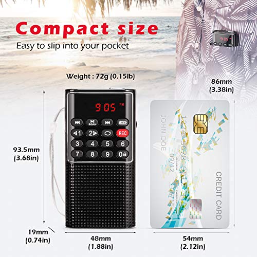 PRUNUS J-328 Radio Portatil Pequeña FM, Mini Radio de Bolsillo Digital con grabadora, Reproductor de música MP3 SD/TF/AUX, batería Recargable y Botones de Bloqueo para Correr, Caminar, Viajar.