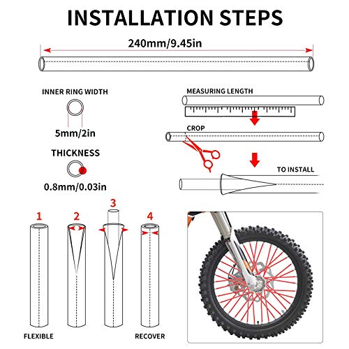 PSLER® 72 Piezas Spoke Skins Cubre Radios Cubiertas Llanta Rueda Trim Wrap Cover Decoración Protector Tubo Motocicleta Motocross Pit Dirt Bike(Rojo)