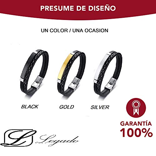 Pulsera hombre mujer Legado, n cuero pu y acero inoxidable, brazalete vikingo chico negra combinable con anillo pendiente collar colgante o tobillera muñequera, personalizable (SILVER 19,5)