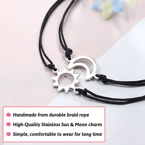 Pulseras de sol y luna con el mejor amigo para 2 parejas a juego Bff Amistad Pinky Promise Pulsera de distancia para amigos y hermanas, Acero inoxidable Nailon,