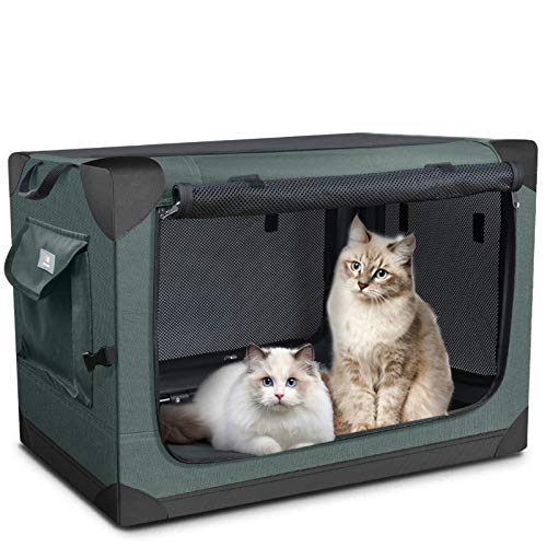 PUPPY KITTY Transportín para Perros Gatos, Jaula de Transporte para Mascotas Plegable, Transportadoras de viaje transpirable para perros medianos, caja de coche para dos gatos, 66 × 46 × 46 cm, Oliva.