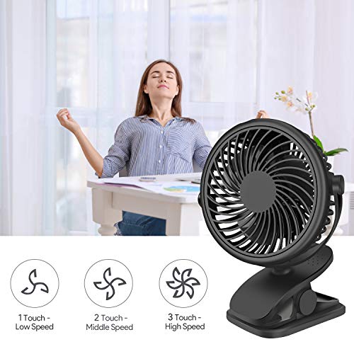 Qhui Ventilador USB, Portatil Mini Ventilador Silencioso, 3 Velocidades Potente Pinza Ventiladores Pequeño de Mesa con Recargable Batería y Cable USB para Oficina, Hogar, Fitness, Cochecito de Bebé