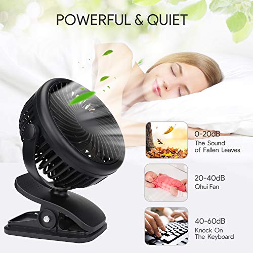 Qhui Ventilador USB, Portatil Mini Ventilador Silencioso, 3 Velocidades Potente Pinza Ventiladores Pequeño de Mesa con Recargable Batería y Cable USB para Oficina, Hogar, Fitness, Cochecito de Bebé