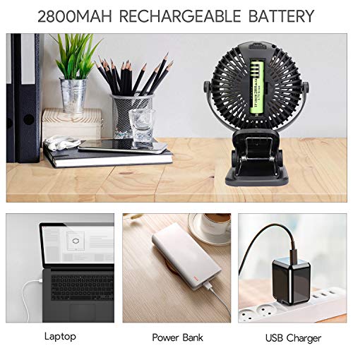 Qhui Ventilador USB, Portatil Mini Ventilador Silencioso, 3 Velocidades Potente Pinza Ventiladores Pequeño de Mesa con Recargable Batería y Cable USB para Oficina, Hogar, Fitness, Cochecito de Bebé