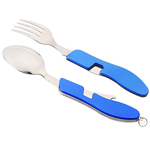 QitinDasen 2Pcs Premium 4 en 1 Cubiertos Camping Plegable, Vajilla Camping Plegable, Multifuncional Acero Inoxidable Cubiertos Kit Cuchillo Tenedor Cuchara Abrebotellas (Azul)