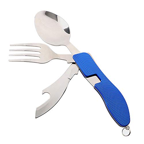 QitinDasen 2Pcs Premium 4 en 1 Cubiertos Camping Plegable, Vajilla Camping Plegable, Multifuncional Acero Inoxidable Cubiertos Kit Cuchillo Tenedor Cuchara Abrebotellas (Azul)