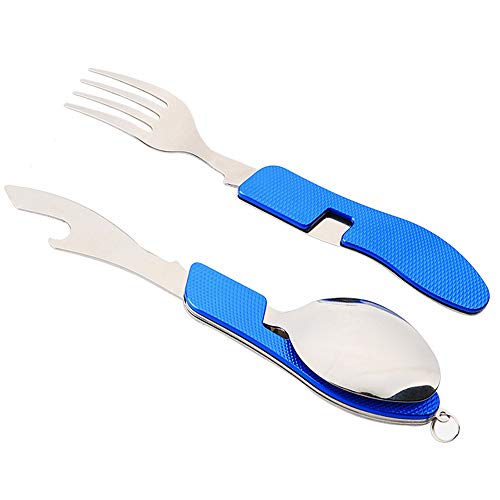 QitinDasen 2Pcs Premium 4 en 1 Cubiertos Camping Plegable, Vajilla Camping Plegable, Multifuncional Acero Inoxidable Cubiertos Kit Cuchillo Tenedor Cuchara Abrebotellas (Azul)