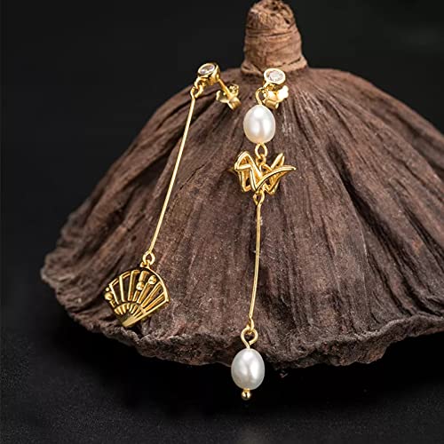 QiuYueShangMao Pendientes de Gota de Abanico de grúa de Papel con Perlas de Agua Dulce Doradas para Mujer, joyería Vintage de Lujo de Plata de Ley 925 Hecha a Mano Regalos para Mujeres