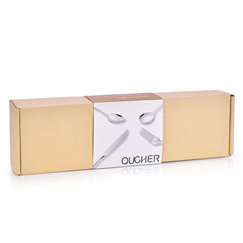 QUCHER - Cubertería de 18 piezas (mango de madera, cubiertos de acero inoxidable 18/8, cuchillo, tenedor, cuchara, pulida, brillante, para 6 comensales