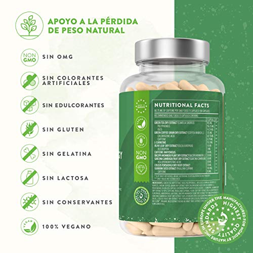 Quemagrasas Potente - Apoya a la perdida de peso + Acelerador Metabolismo - Termogenico natural con Extracto de Te Verde, Extracto de Café Verde y Garcinia Cambogia - 95% Polifenoles - 90 Cápsulas