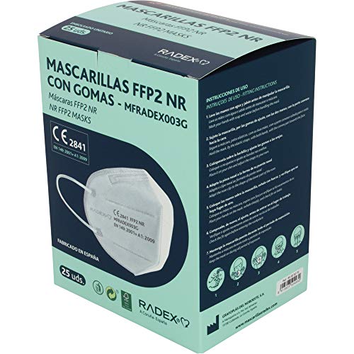 RADEX 85005270. Caja de 25 Mascarillas FFP2, Blancas, 5 Capas, CE 2841, Materiales Hipo Alergénicos y Biocompatibles, Hecha en España