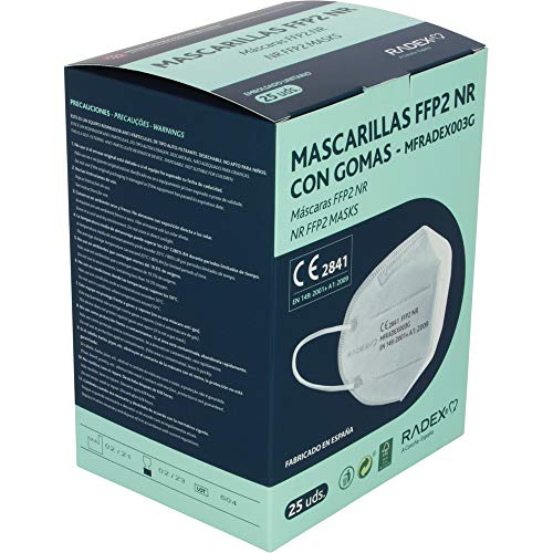 RADEX 85005270. Caja de 25 Mascarillas FFP2, Blancas, 5 Capas, CE 2841, Materiales Hipo Alergénicos y Biocompatibles, Hecha en España