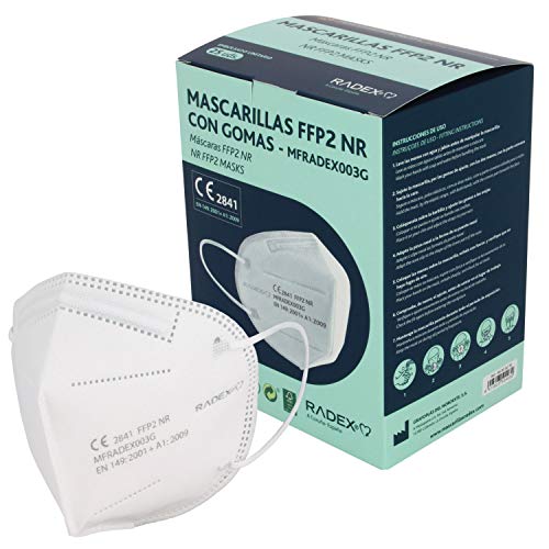 RADEX 85005270. Caja de 25 Mascarillas FFP2, Blancas, 5 Capas, CE 2841, Materiales Hipo Alergénicos y Biocompatibles, Hecha en España