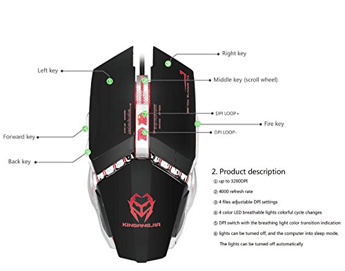 Ratón de juego 3200 DPI con cable USB ratón de ordenador PC Mac 8 botones multi-modo luces LED Definición de macro , black