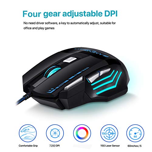 Ratón Gaming, iAmotus Ratón para Juegos 7200 dpi Ajustable Gaming Mouse Óptico con Cable y 7 Botón, Ratón Ergonómico Retroiluminación RGB para Windows Vista/ Linux/ Mac OS/ PC/ Computadora Portátil