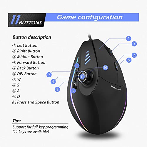 Ratón para Juegos Vertical, Joystick USB ergonómico RGB con Cable Ratones para Juegos láser programables, Diseño 6 + 1, 11 Botones, Tasa de sondeo máxima de 1000 Hz, 10000 dpi máx.