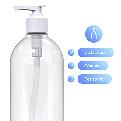 Rc Ocio Pack 4 Botes vacios 500 ml para Rellenar Gel hidroalcoholico 500 ml/Bote de plastico Recargable dosificador para jabon, geles y Todo Tipo de liquidos. Frascos dispensadores para baño