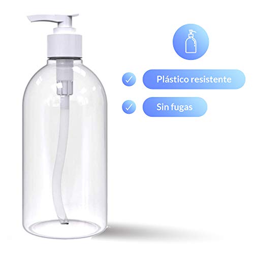 Rc Ocio Pack 4 Botes vacios 500 ml para Rellenar Gel hidroalcoholico 500 ml/Bote de plastico Recargable dosificador para jabon, geles y Todo Tipo de liquidos. Frascos dispensadores para baño