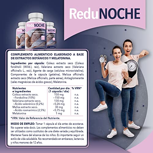 Redunoche - 30 cápsulas - Elimina la grasa mientras duermes - Adelgazante nocturno con Forskolina, Melatonina y Valeriana - Bote con 30 cápsulas - 1 al dia