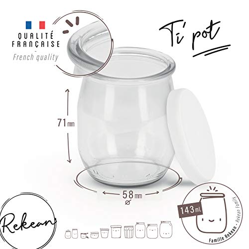 Rekean - Tarro de Yogur de Vidrio con Tapas Blancas - Lote de 12 - de fabricación Francesa - Capacidad 143 ML