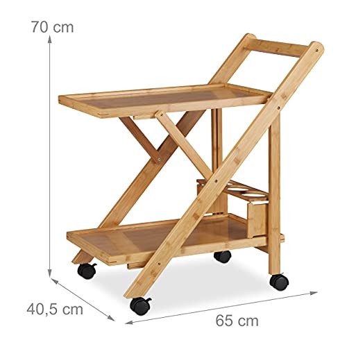 Relaxdays 10022164 Carrito Camarera Plegable con Ruedas, Madera, Marrón, 70 x 40.5 x 65 cm