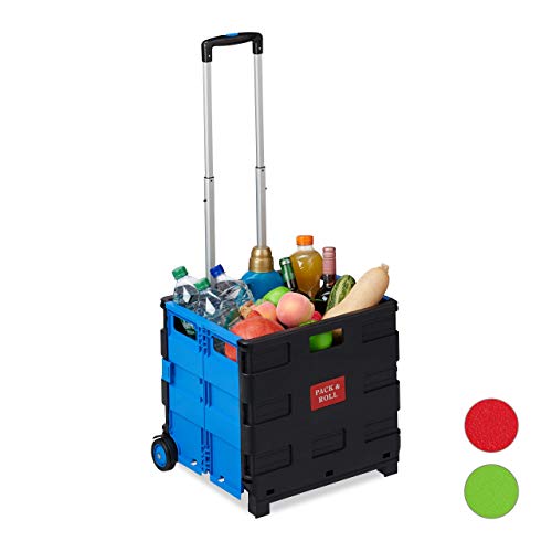 Relaxdays Carrito Compra Plegable, 2 Ruedas, Caja Transporte, hasta 35 kg, 98 x 45,5 x 37 cm, Plástico-Aluminio, Azul