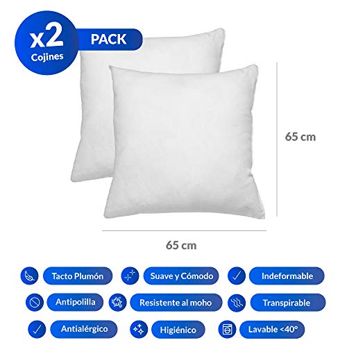 Relleno de cojin 65x65 Pack 2 Unidades - Relleno de Fibra Hueca conjugada siliconada Ideal para Rellenar Cojines Decorativos ,Cojines para Cama, Cojines de Sofa, almohadones