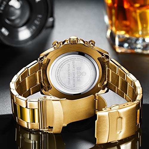 Reloj de pulsera para hombre con cronógrafo de acero inoxidable, resistente al agua, fecha, analógico, de cuarzo, para hombre, A6-Blue Gold, Reloj de cuarzo, cronógrafo