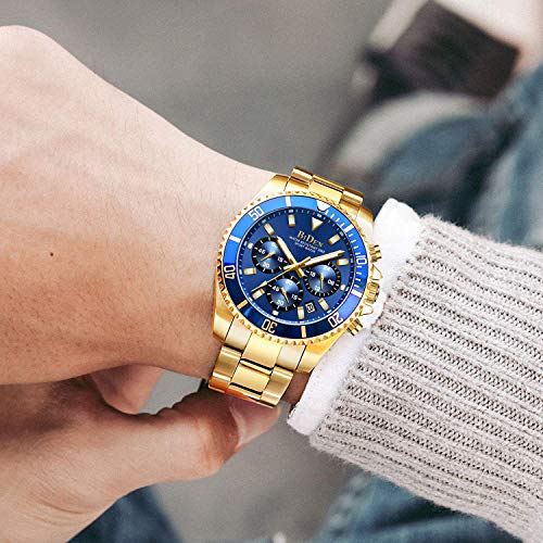 Reloj de pulsera para hombre con cronógrafo de acero inoxidable, resistente al agua, fecha, analógico, de cuarzo, para hombre, A6-Blue Gold, Reloj de cuarzo, cronógrafo