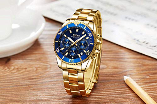 Reloj de pulsera para hombre con cronógrafo de acero inoxidable, resistente al agua, fecha, analógico, de cuarzo, para hombre, A6-Blue Gold, Reloj de cuarzo, cronógrafo