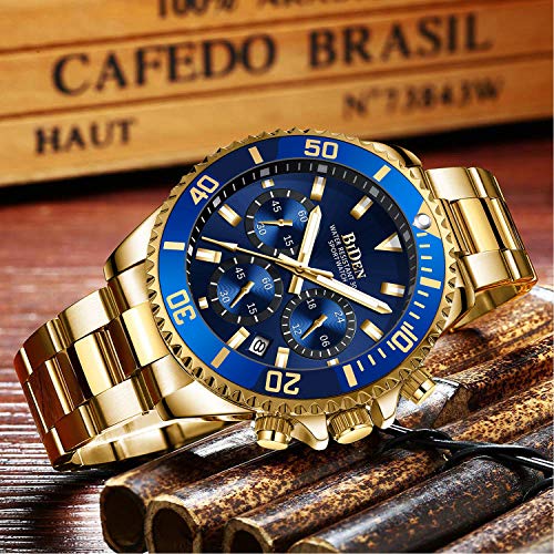 Reloj de pulsera para hombre con cronógrafo de acero inoxidable, resistente al agua, fecha, analógico, de cuarzo, para hombre, A6-Blue Gold, Reloj de cuarzo, cronógrafo