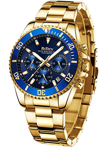 Reloj de pulsera para hombre con cronógrafo de acero inoxidable, resistente al agua, fecha, analógico, de cuarzo, para hombre, A6-Blue Gold, Reloj de cuarzo, cronógrafo