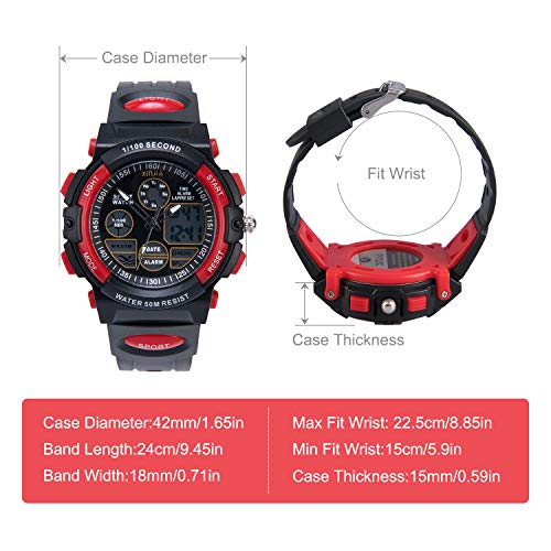 Reloj para Niños, Reloj de Pulsera Analógico Digital Reloj Deportivo 50M Impermeable para Exteriores con Alarma/Cronómetro/luz LED para Adolescentes (Negro-Rojo)