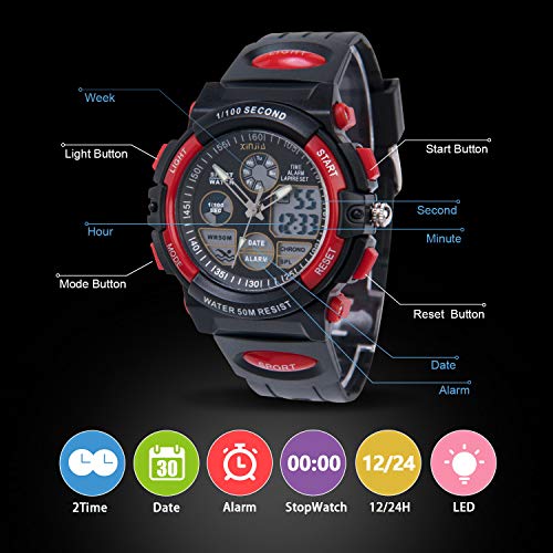 Reloj para Niños, Reloj de Pulsera Analógico Digital Reloj Deportivo 50M Impermeable para Exteriores con Alarma/Cronómetro/luz LED para Adolescentes (Negro-Rojo)